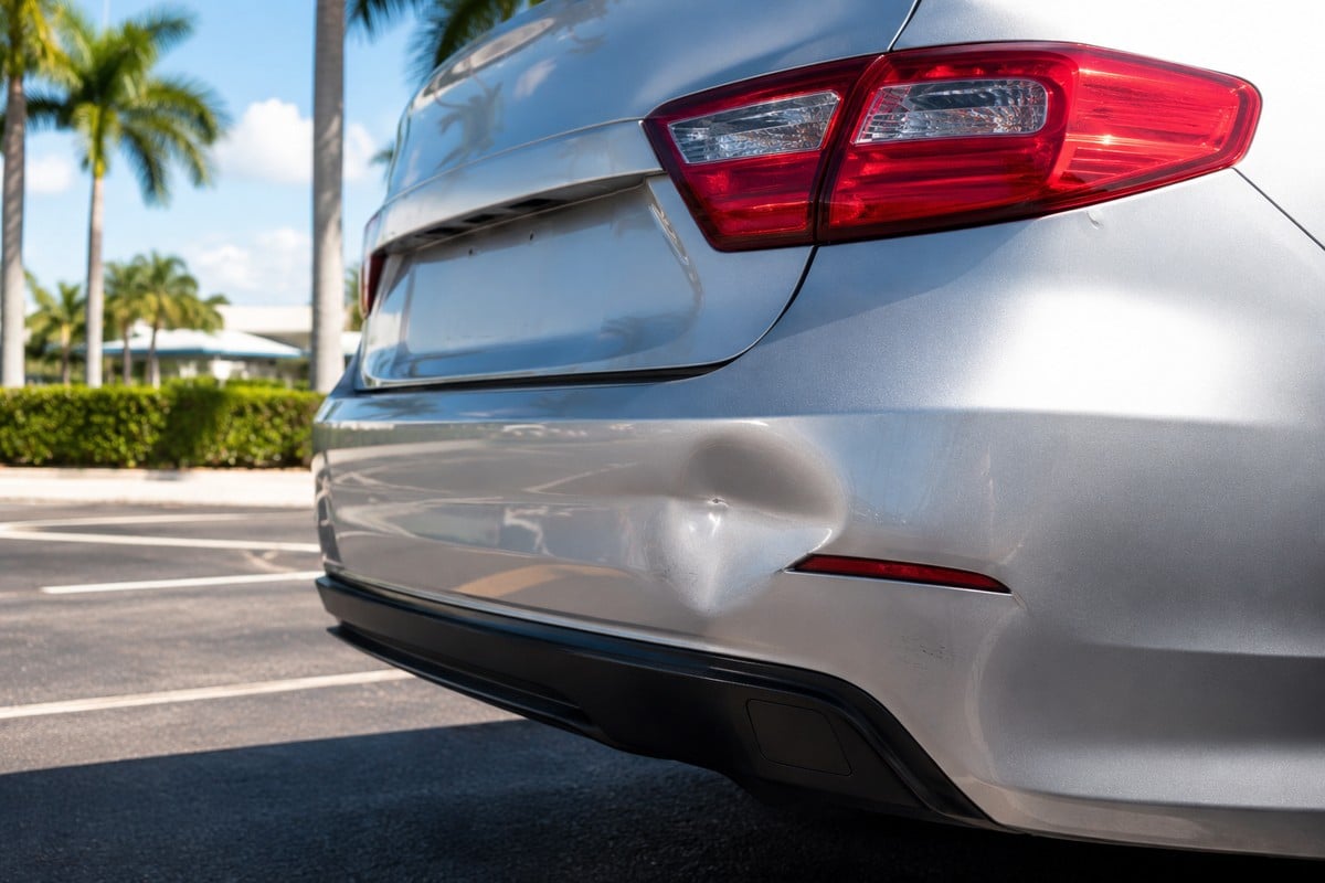 Small dent and scratches on a car bumper after a minor Florida accident