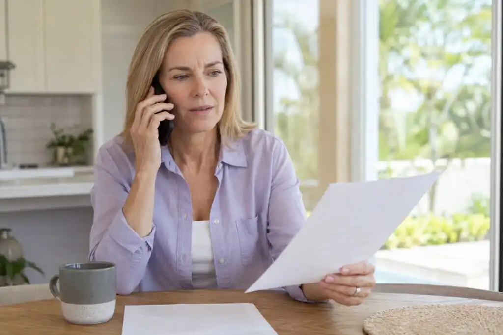 Woman on the phone with an insurance adjuster holding a document at home