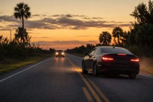 Two vehicles approaching each other on a two-lane Florida highway at dusk, illustrating head-on collision risk.