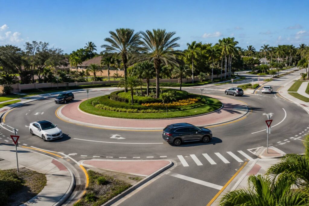 A landscaped Florida roundabout with cars circulating, yield lines and crosswalks.