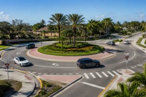 A landscaped Florida roundabout with cars circulating, yield lines and crosswalks.