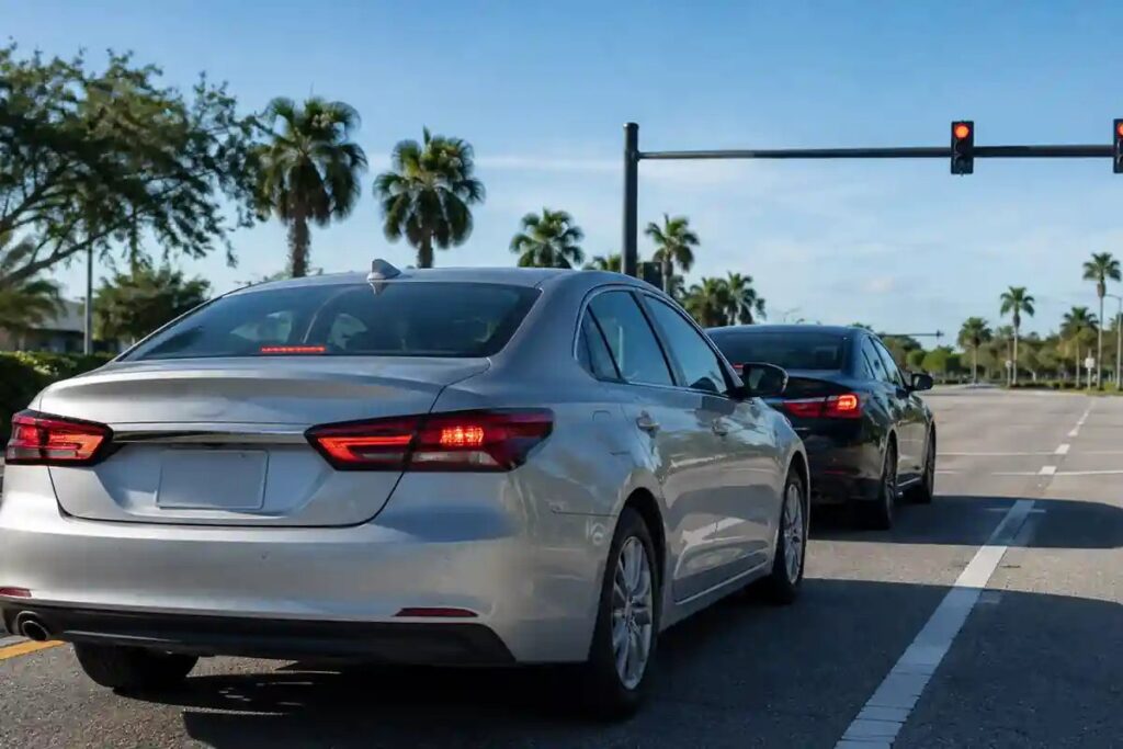 Two cars at a red light on a Florida road illustrating a rear-end stoplight collision.