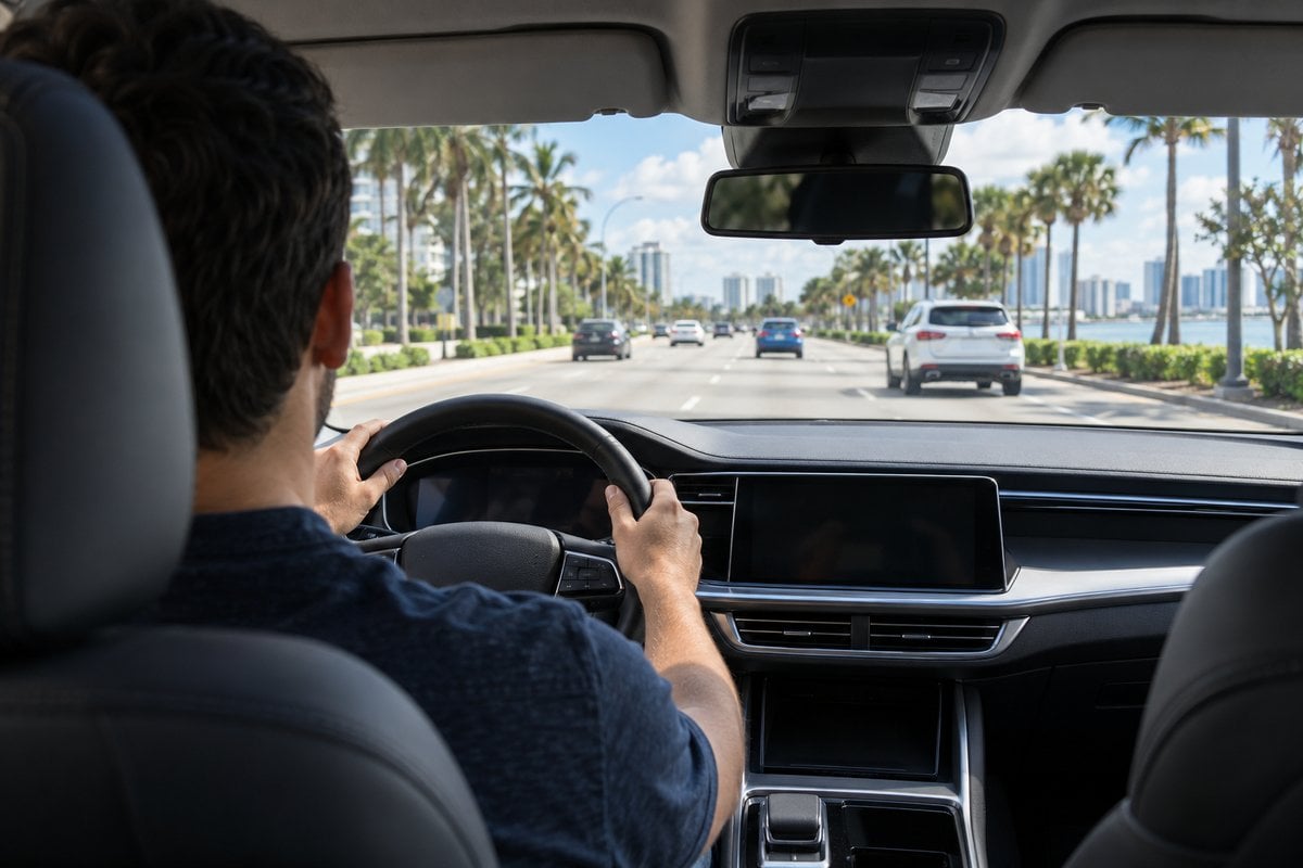 Driver seen from behind on a Florida road, tied to recovering after a car accident without a valid license