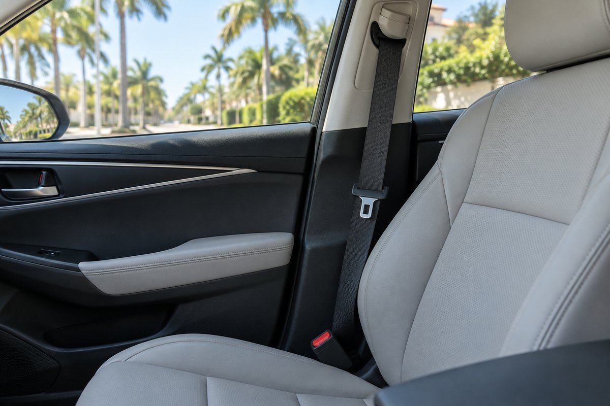 Unbuckled seatbelt hanging beside an empty car seat, showing the seatbelt defense issue in a Florida car accident claim