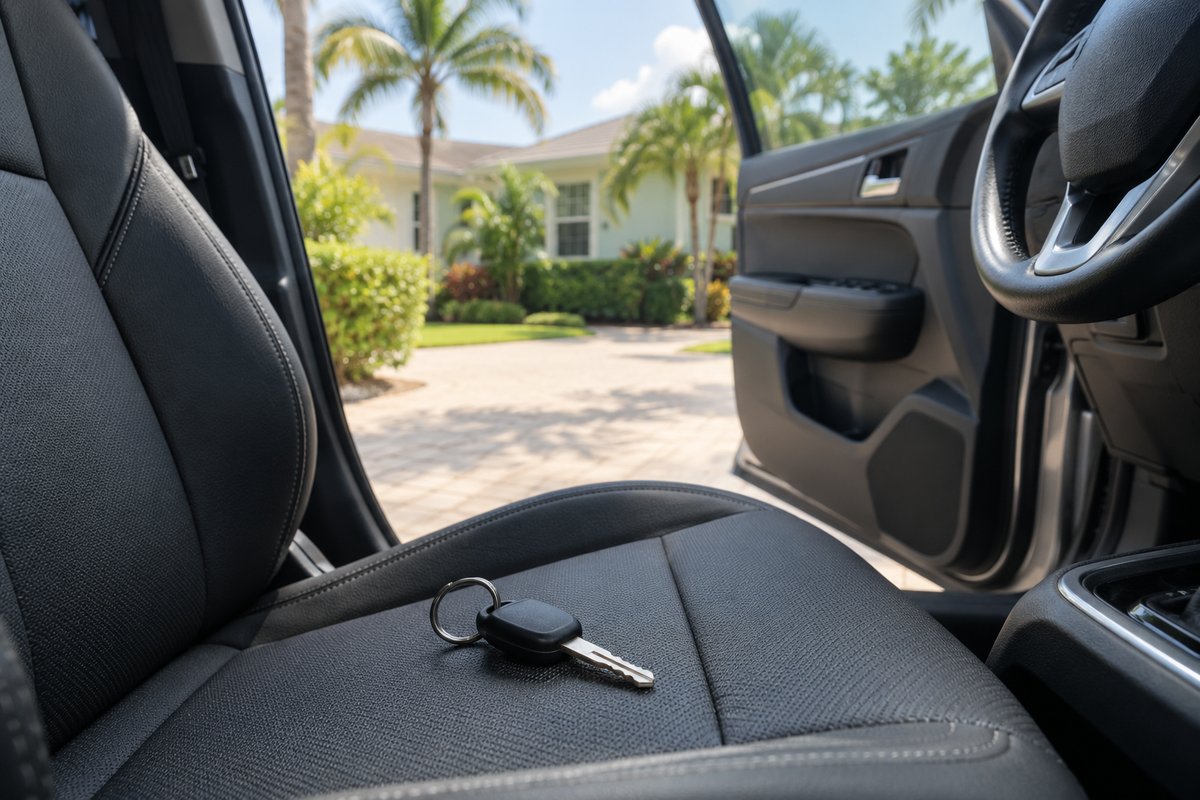 Car keys left on the driver's seat of a car with the door open in a Florida driveway, the moment you borrow someone else's car