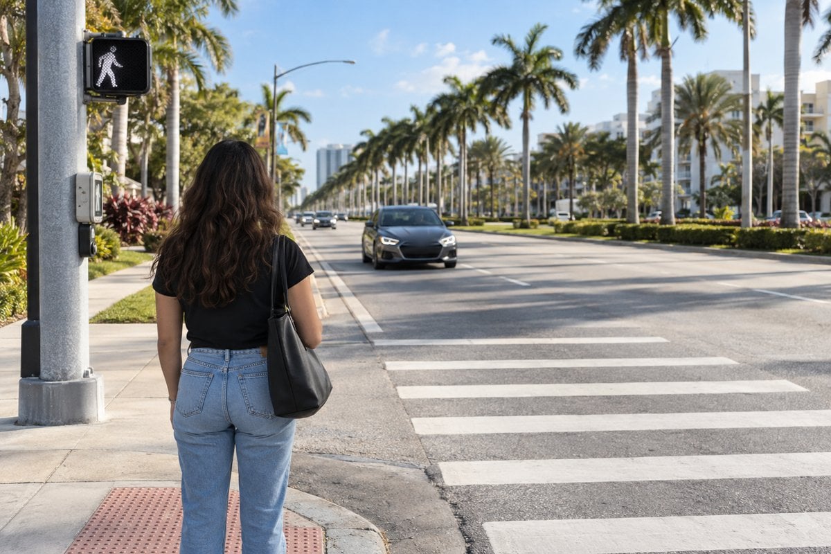 Pedestrian waiting at a Florida crosswalk as a car approaches, the setting where people are hit by a car while walking