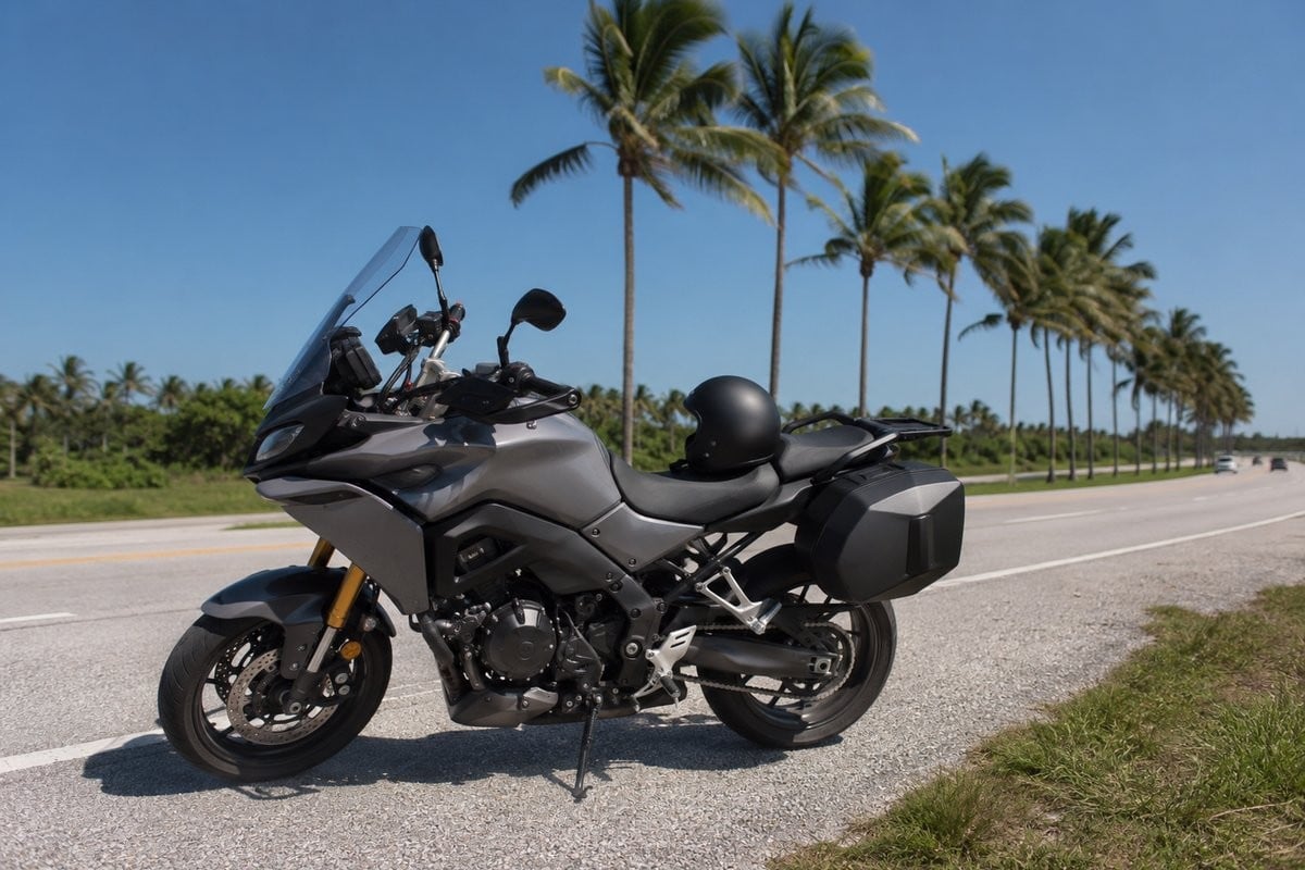 Motorcycle parked beside a Florida highway with a helmet left on the seat, tied to recovery after a no-helmet accident