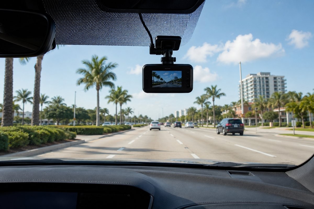 Dash camera mounted on a windshield facing a Florida road, one way to prove the other driver was at fault in a crash
