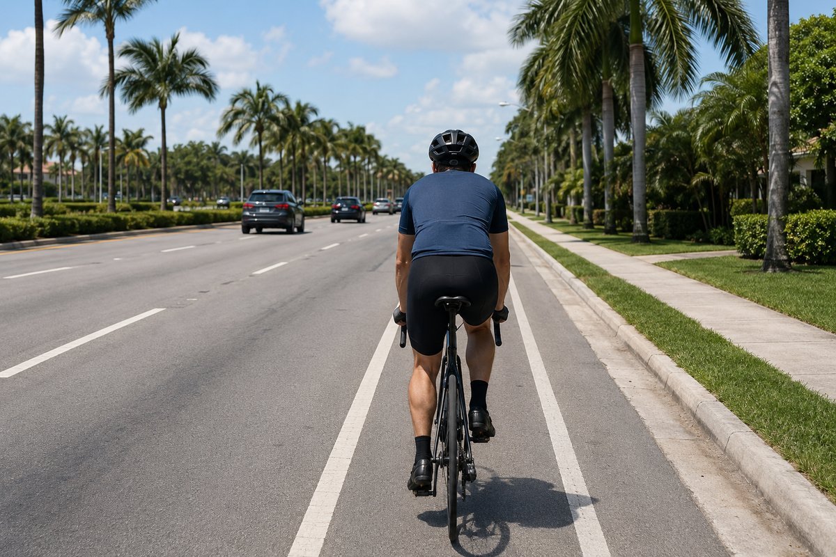 Cyclist seen from behind riding in a marked bike lane beside traffic on a Florida road, where bicycle accident fault is decided